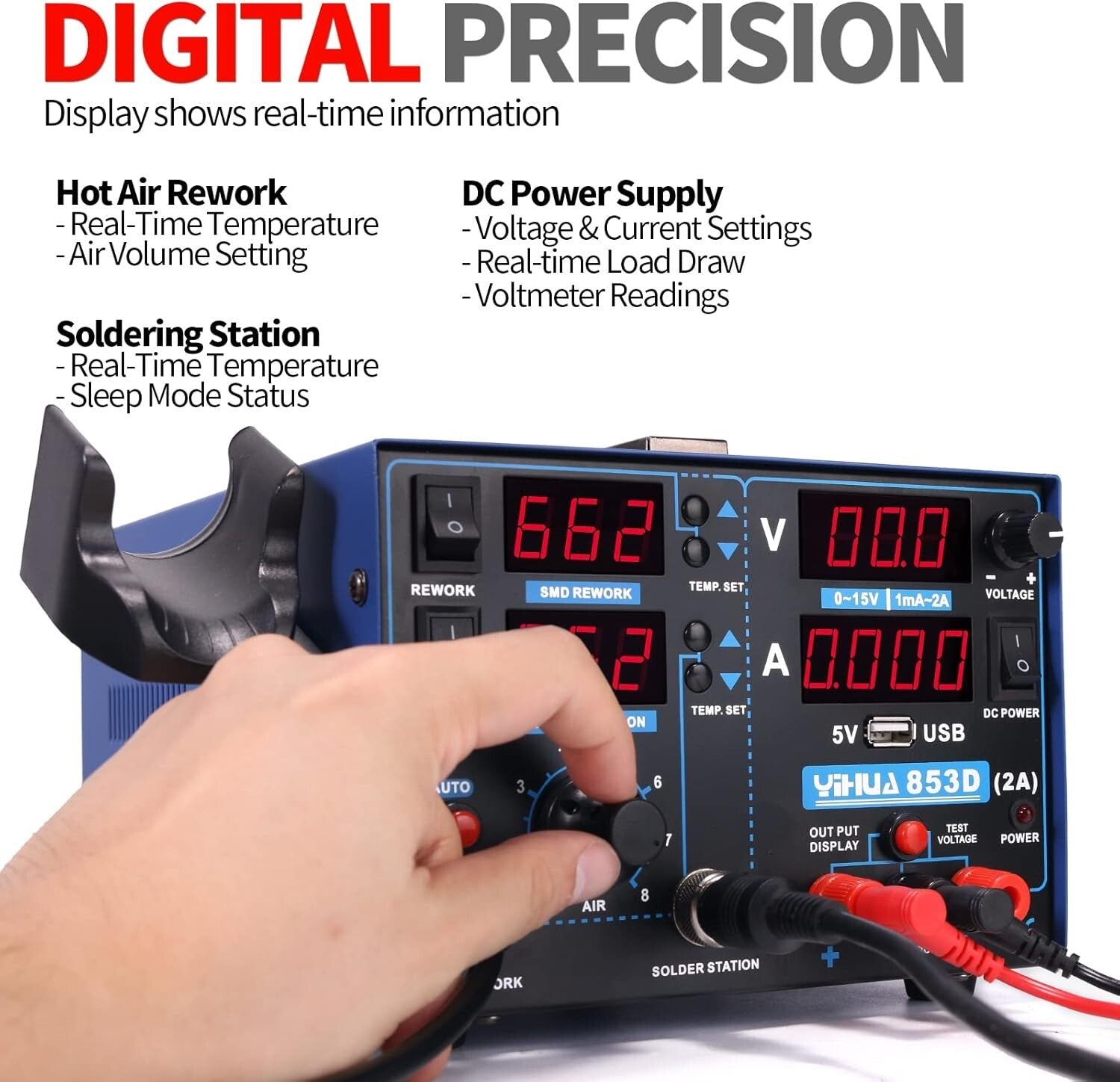 Versatile 3-in-1 Soldering Iron, Hot Air Rework, and 2A DC Power Supply Station