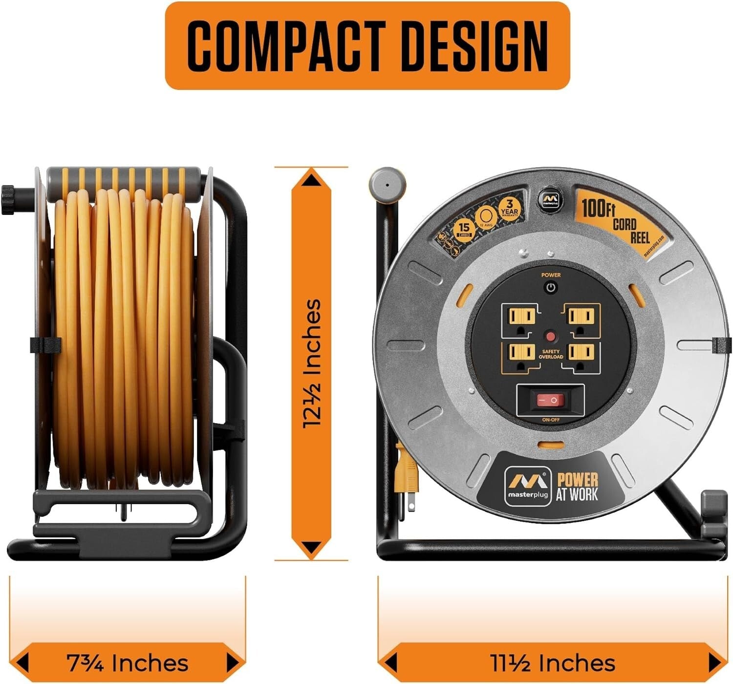 100ft Metal Cord Reel with 4 Outlets & Overload Protection - Safe Power Solution