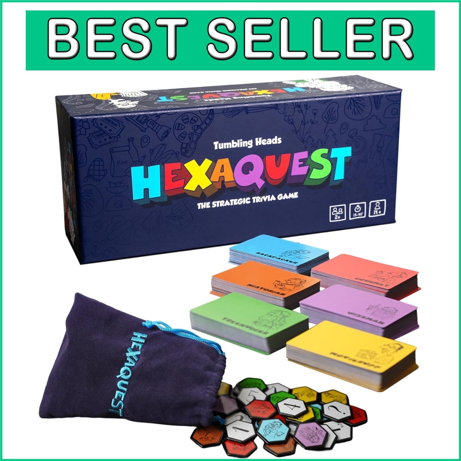 1500-Question Trivia Board Game with 65 Hexagon Tiles for Engaging Challenges