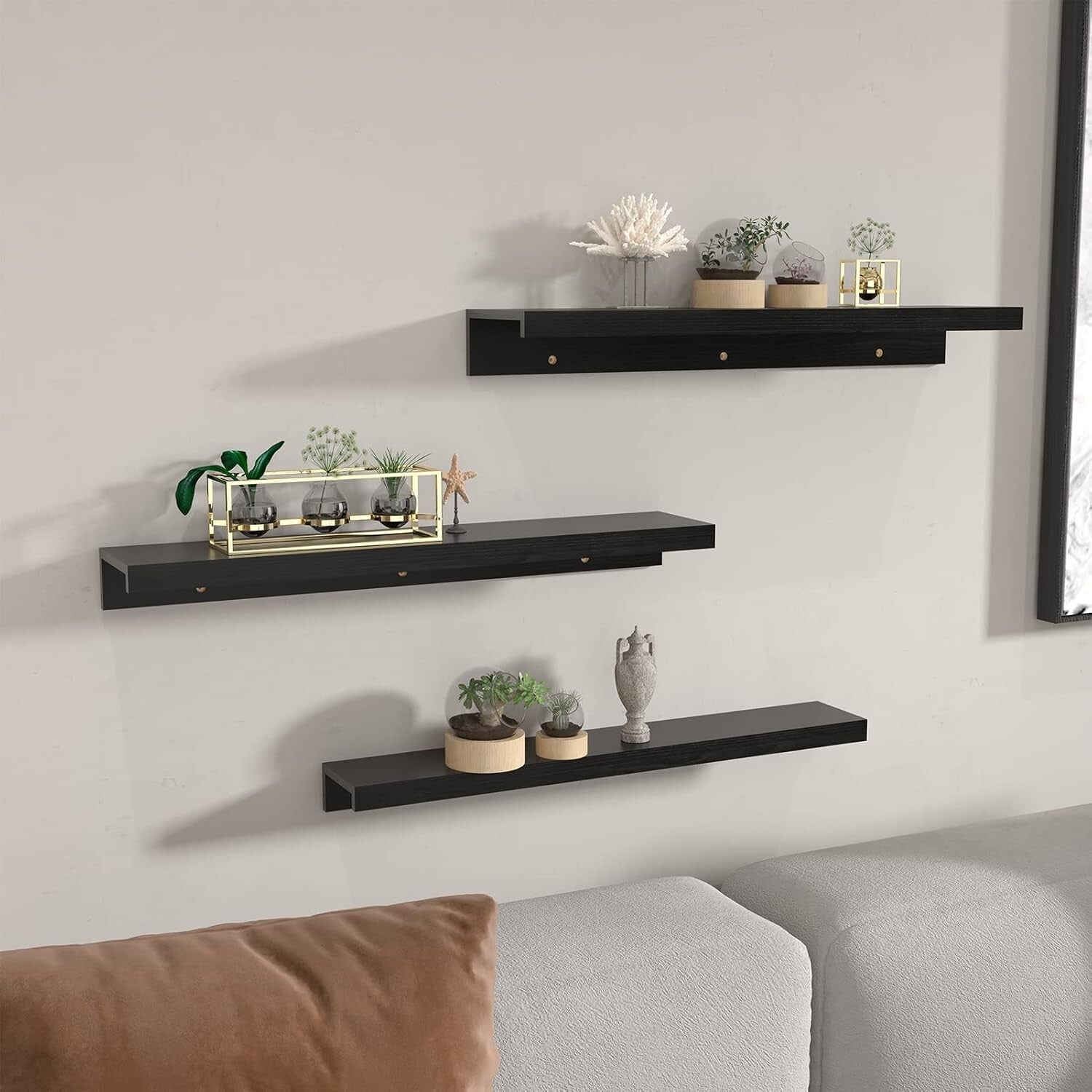 Elegant Black Floating Shelf Set with U-Shape Ledge - 24 Inch Wall Storage