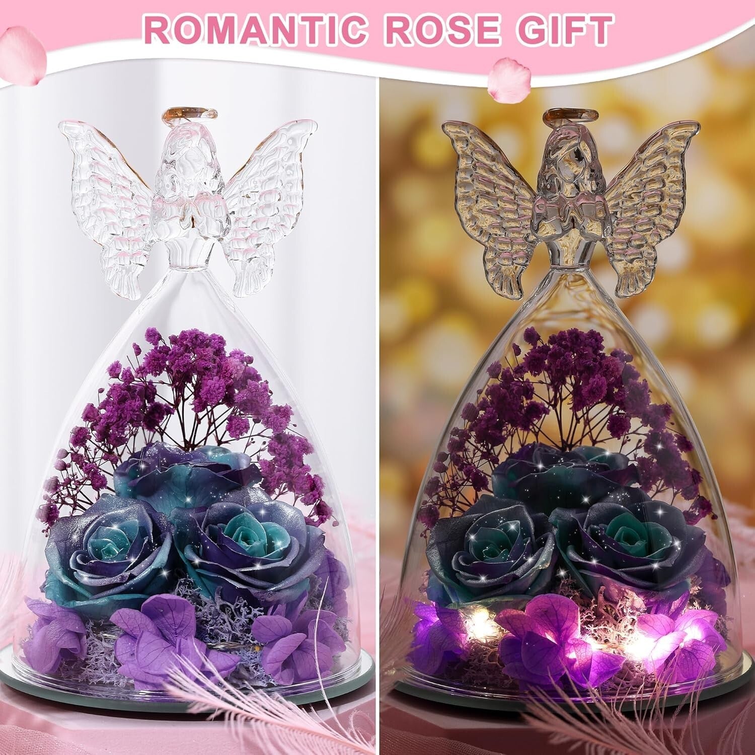 Eternal Roses in Glitter Blue-Purple Glass Angel Gift - Perfect for Mother's Day