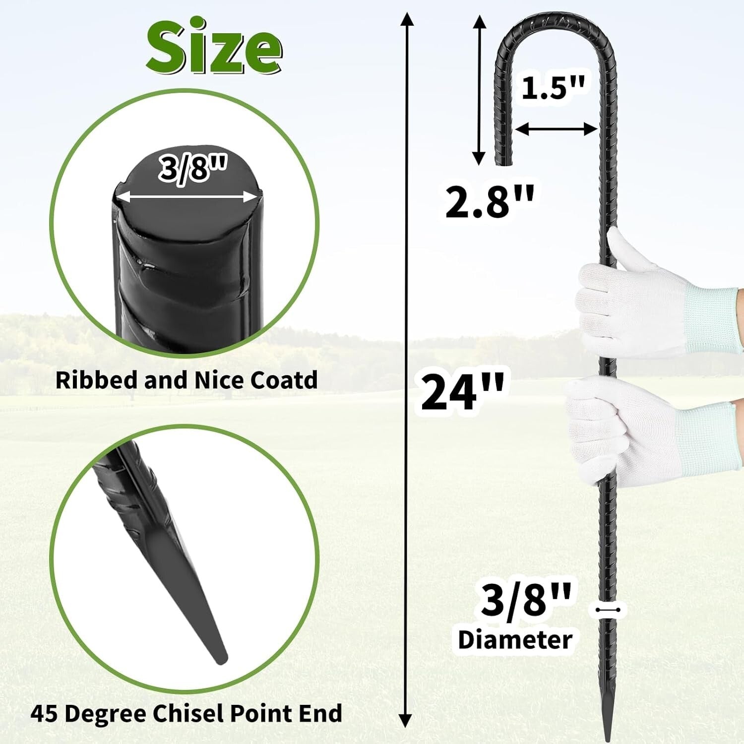 Durable Black Coated Rebar Stakes - 24" Length for Tents & More - 16 Pack