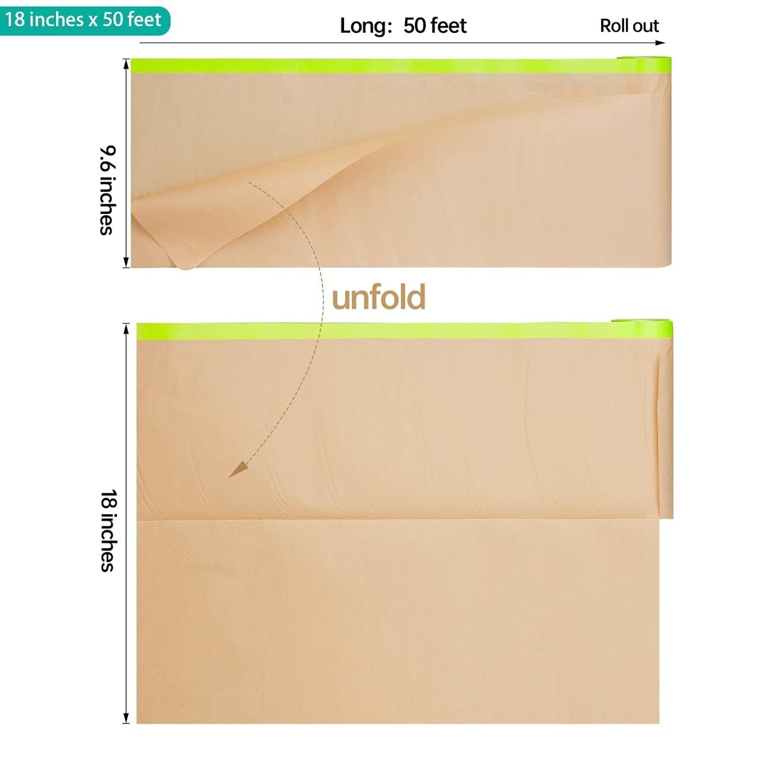 Tear-Resistant Pre-Taped Masking Paper Roll - 18" x 50' for Home & Auto Projects