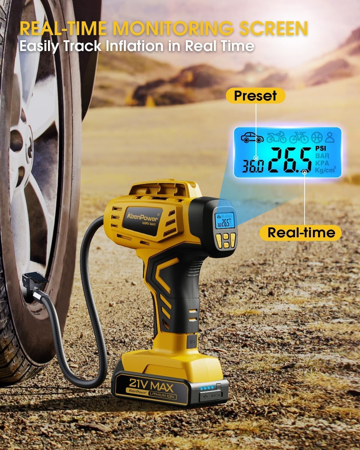 Quick-Charge Tire Inflator with 21V Battery - 160 PSI for Cars, Bikes & E-Bikes
