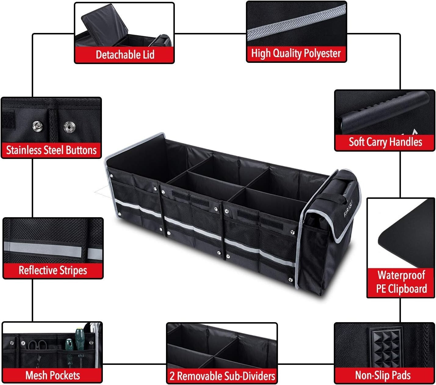 Durable Black Trunk Organizer with Adjustable Straps & Insulated Cooler Bag