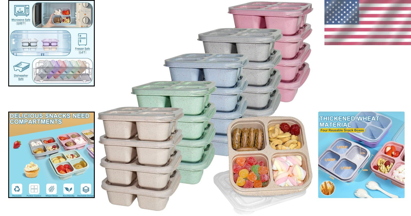 20 Pack BPA Free 4-Compartment Snack Containers - Microwave & Dishwasher Safe