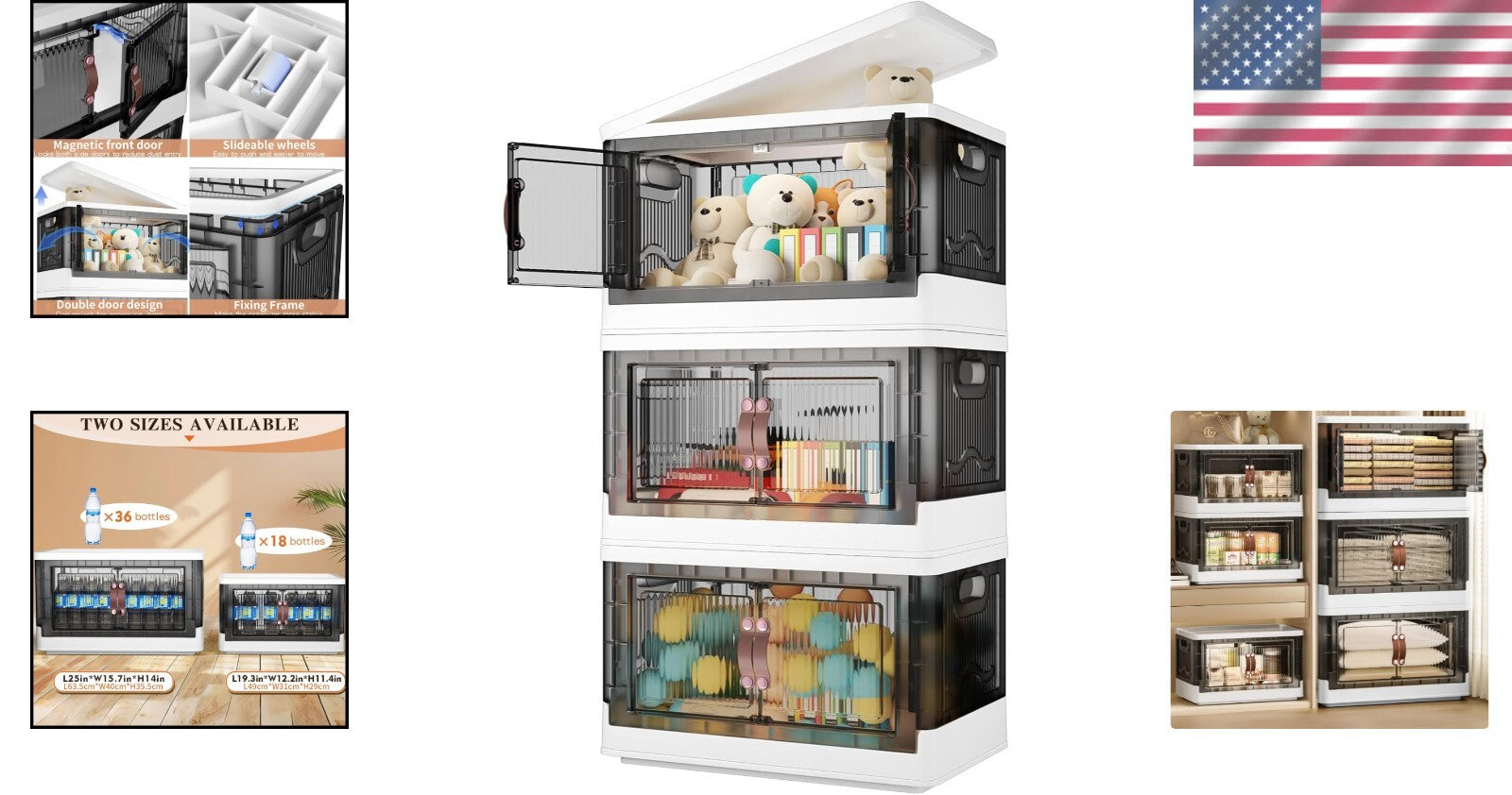 Stackable & Foldable Storage Bins - 3-Piece Set with Lids for Home Organization