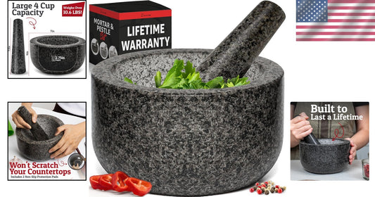 Large Black Granite Mortar and Pestle with Non-Slip Features - Stone Grinder