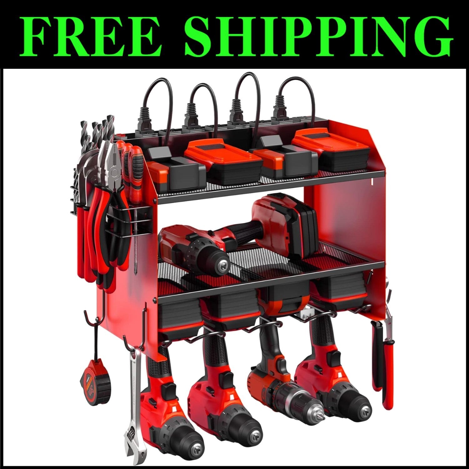 Dual-Tier Power Tool Storage Shelf w/ Surge Protector & Built-in Battery Holder