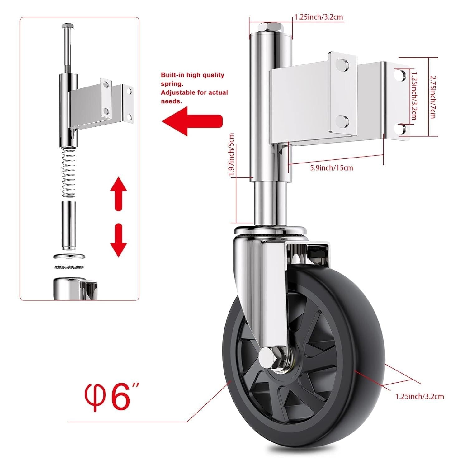 Durable 6" Gate Casters with Spring Load - Heavy Duty, Easy Install, Set of 2