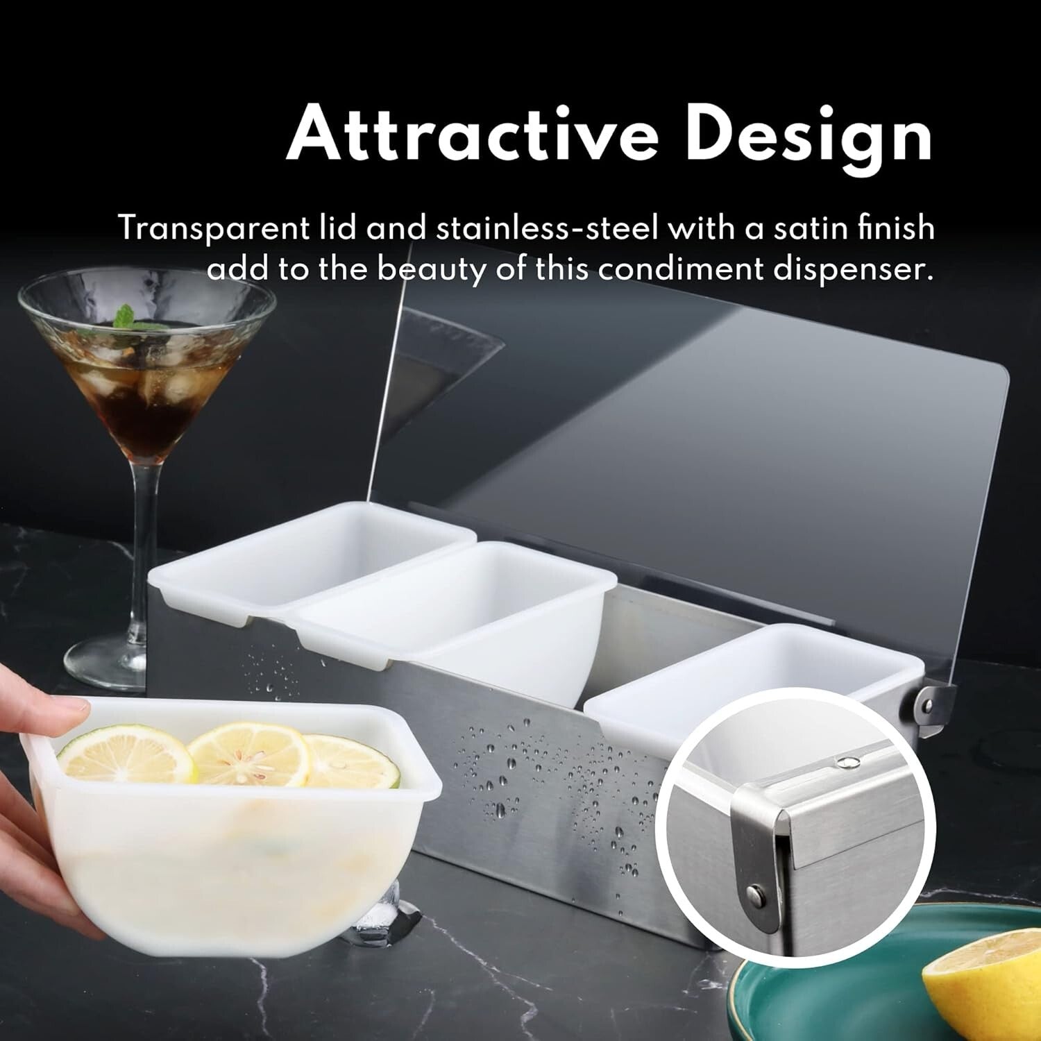 Multi-Compartment Stainless Steel Condiment Organizer with Hinged Acrylic Lid