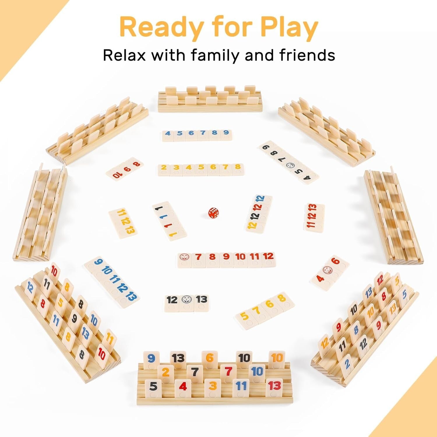 Family Rummy Cube Game 8 Player Edition with Vibrant Tiles and Wooden Holders
