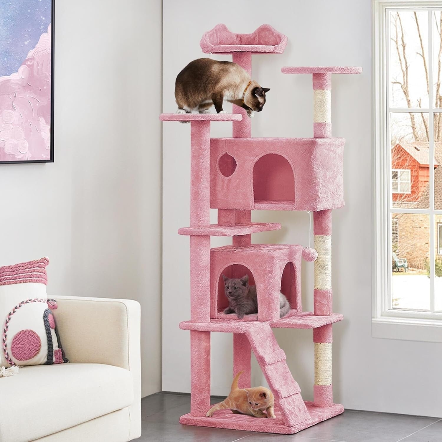 Stylish Multi-Level Cat Tree with Condos and Scratching Posts - 70in Pink