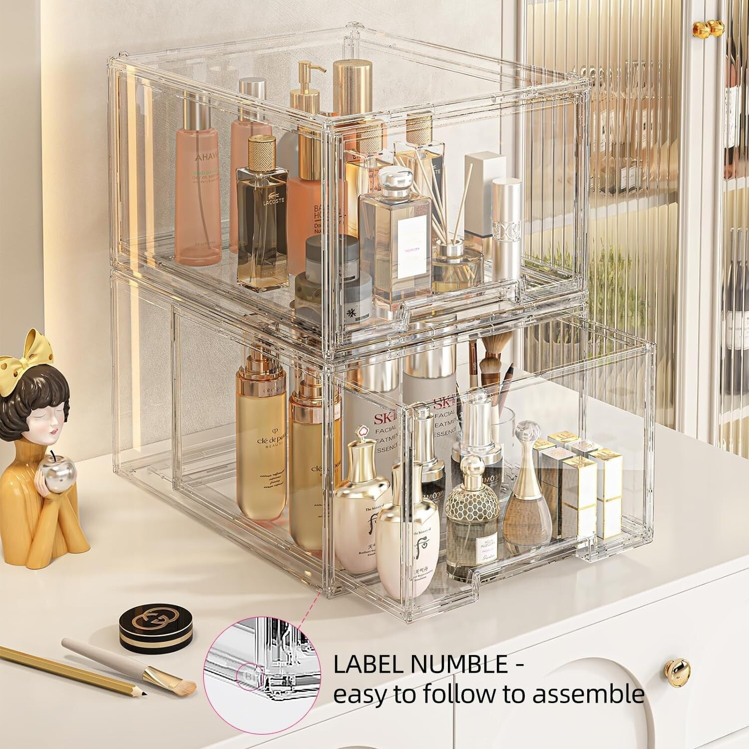 Acrylic Drawer Organizers - 2 Pack Stackable for Makeup & Office Supplies