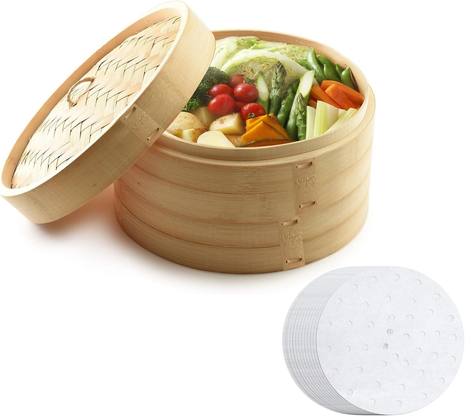 12-Inch Bamboo Steamer Set with 100 Parchment Liners for Healthy Cooking