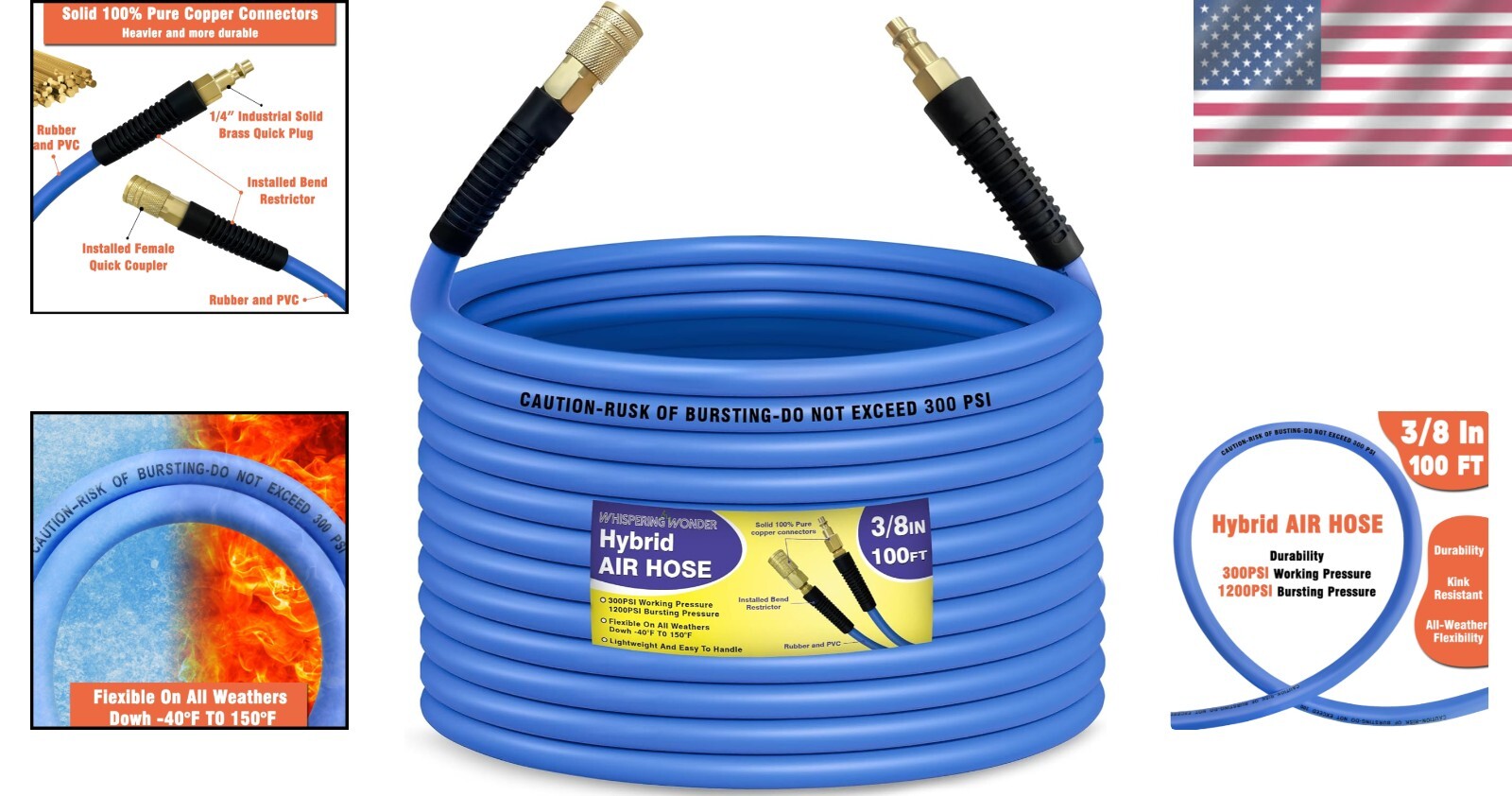 3/8 in x 100 ft Flexible Air Hose with Quick Coupler - 300 PSI Performance Blue