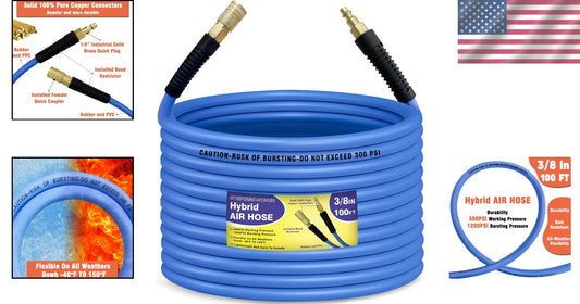 3/8 in x 100 ft Flexible Air Hose with Quick Coupler - 300 PSI Performance Blue