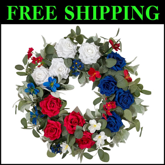 Vibrant 24-Inch Red White Blue Rose Wreath - Perfect for Independence Day