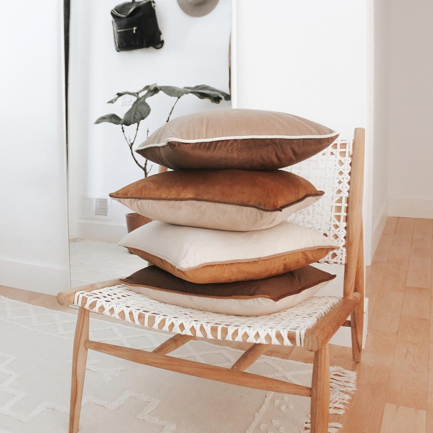 Contemporary Brown/Beige Velvet Cushion Covers - Set of 4 - All-Season Use