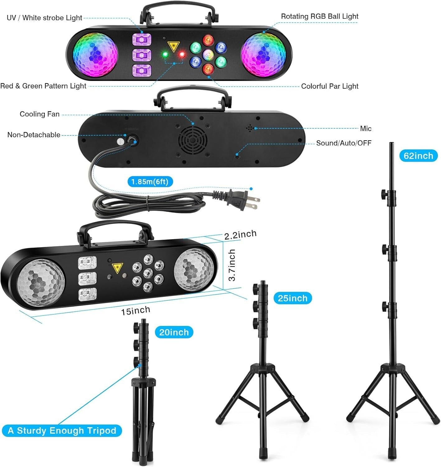 5-in-1 DJ Lights with Sound Activation & Tripod Stand for Ultimate Parties