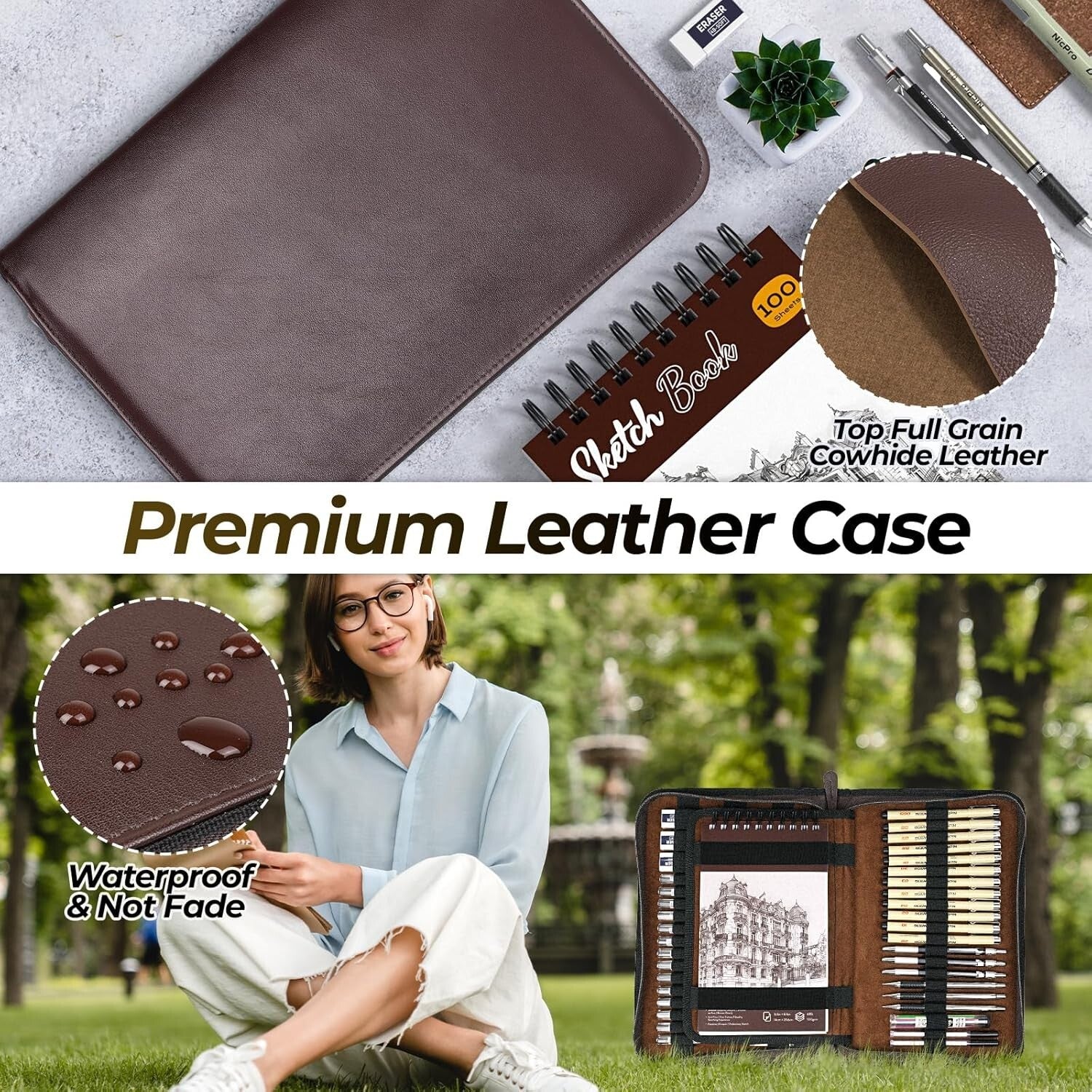 All-in-One 58PCS Drawing Supplies with Leather Case - Mechanical Pencils & More