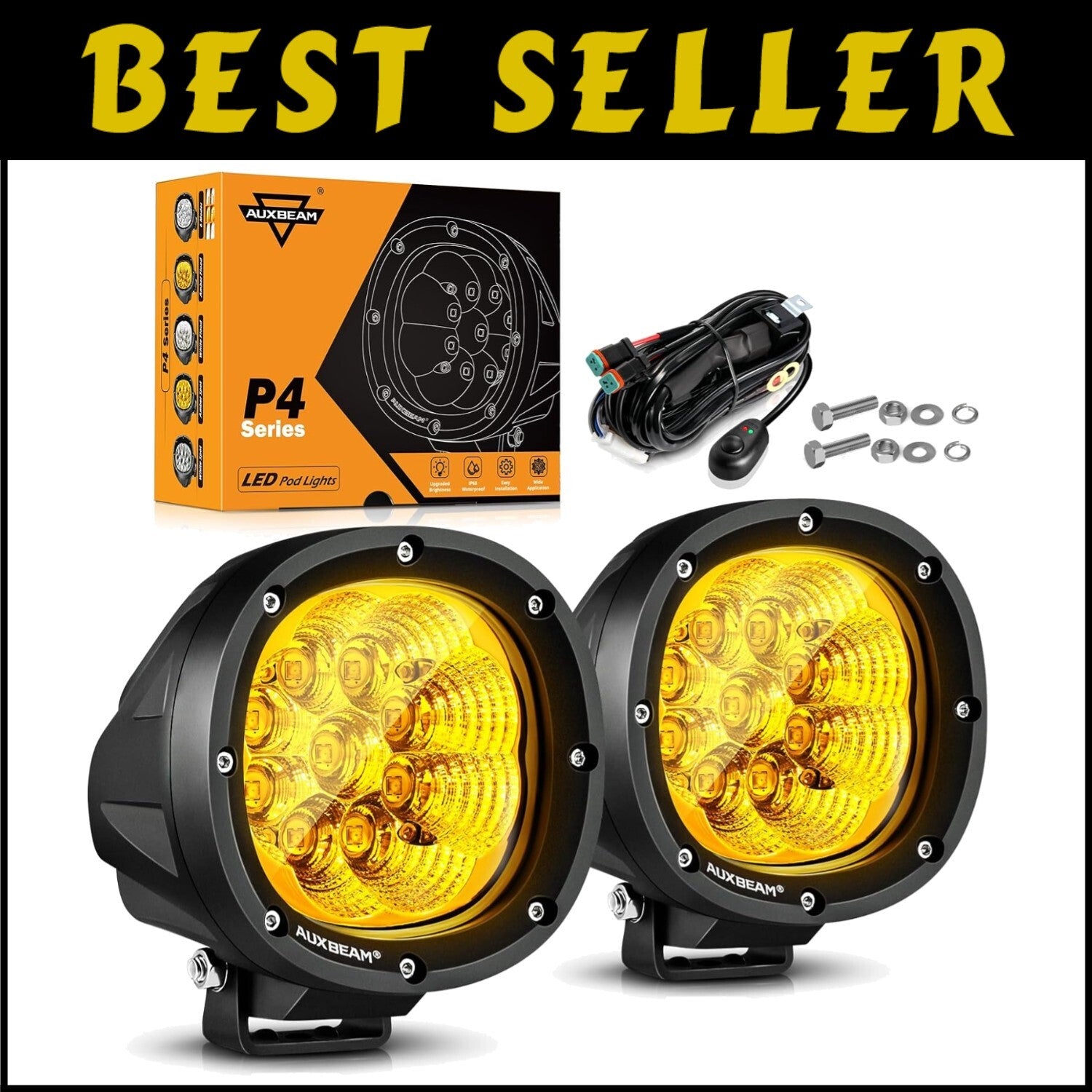 Super Bright LED Offroad Flood Beam Round Pods - 4 Inch 90W Amber Light Pair