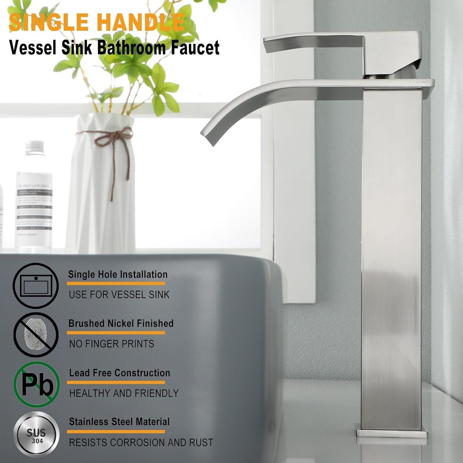 Elegant Waterfall Sink Faucet - Durable Single Handle in Brushed Nickel Finish