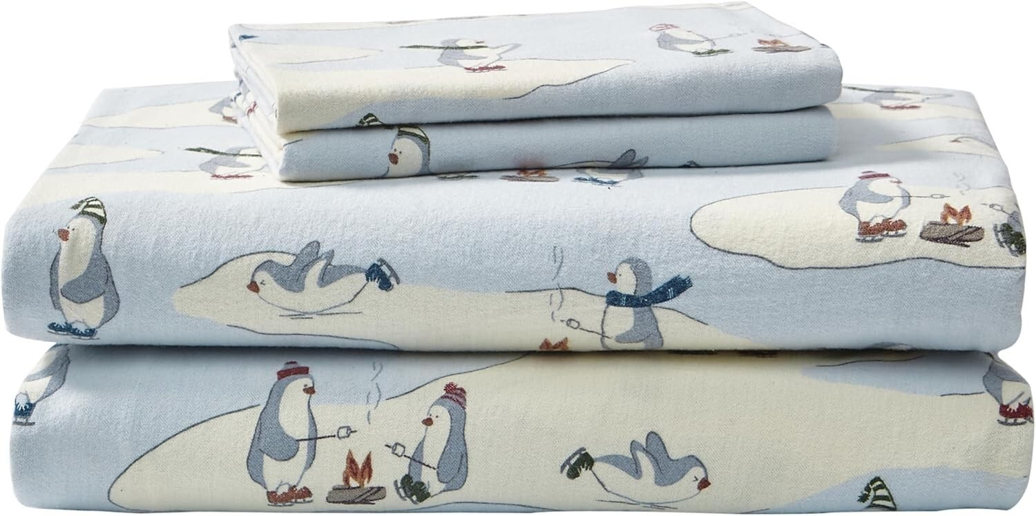 Soft Brushed Cotton Flannel Twin Bedding Set - Skating Penguin Print