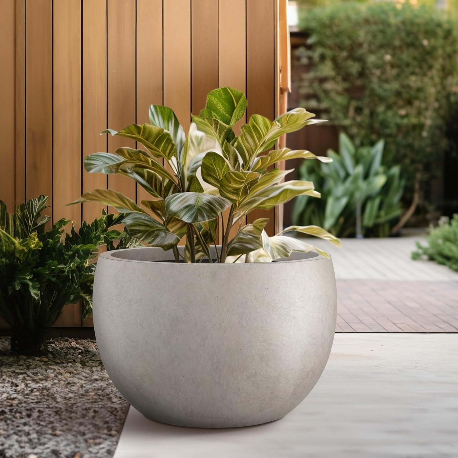 19.9" Weathered Concrete Planter with Drainage - Stylish Indoor/Outdoor Bowl Pot