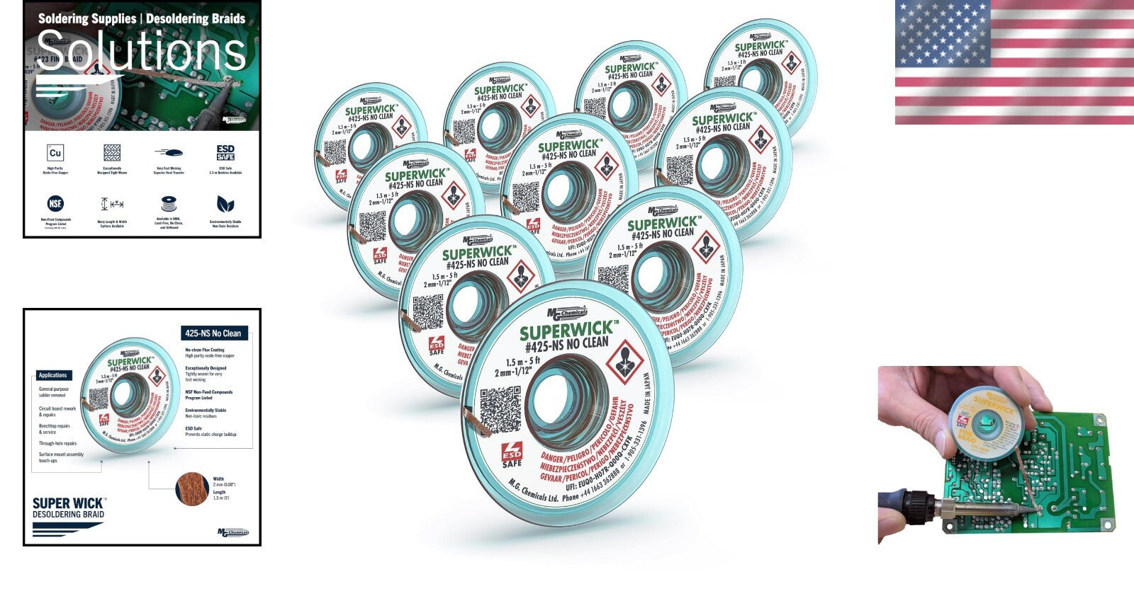 Environmentally Safe Desoldering Braid with RMA Flux - 5' Length, Set of 10