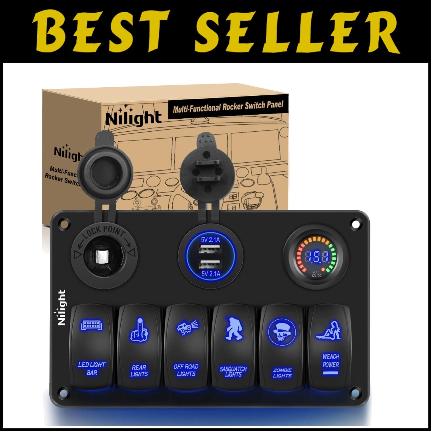 Durable Laser-Etched 6 Gang Switch Panel with USB, Voltmeter & Cigarette Lighter
