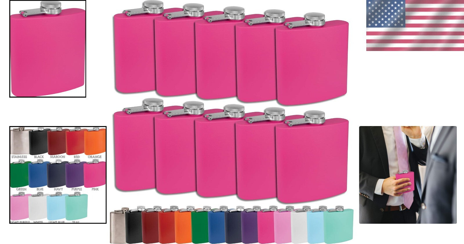 Stylish 6oz Round Pink Stainless Steel Flasks - Perfect for Wedding Parties