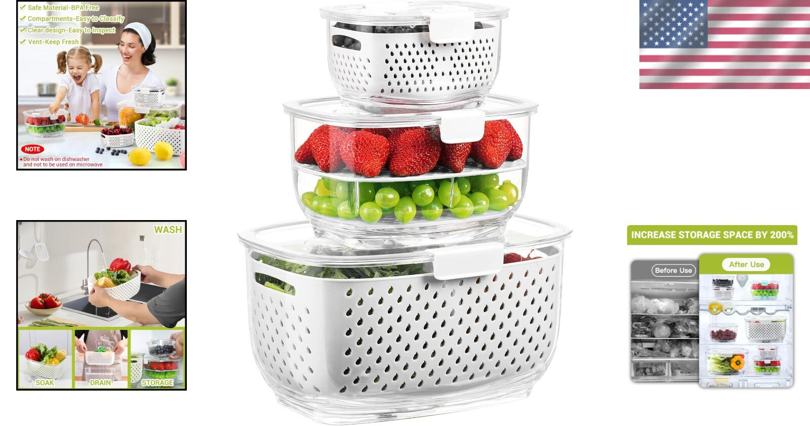 Durable Fruit and Vegetable Organizer Set - 3 Containers with Ventilation System