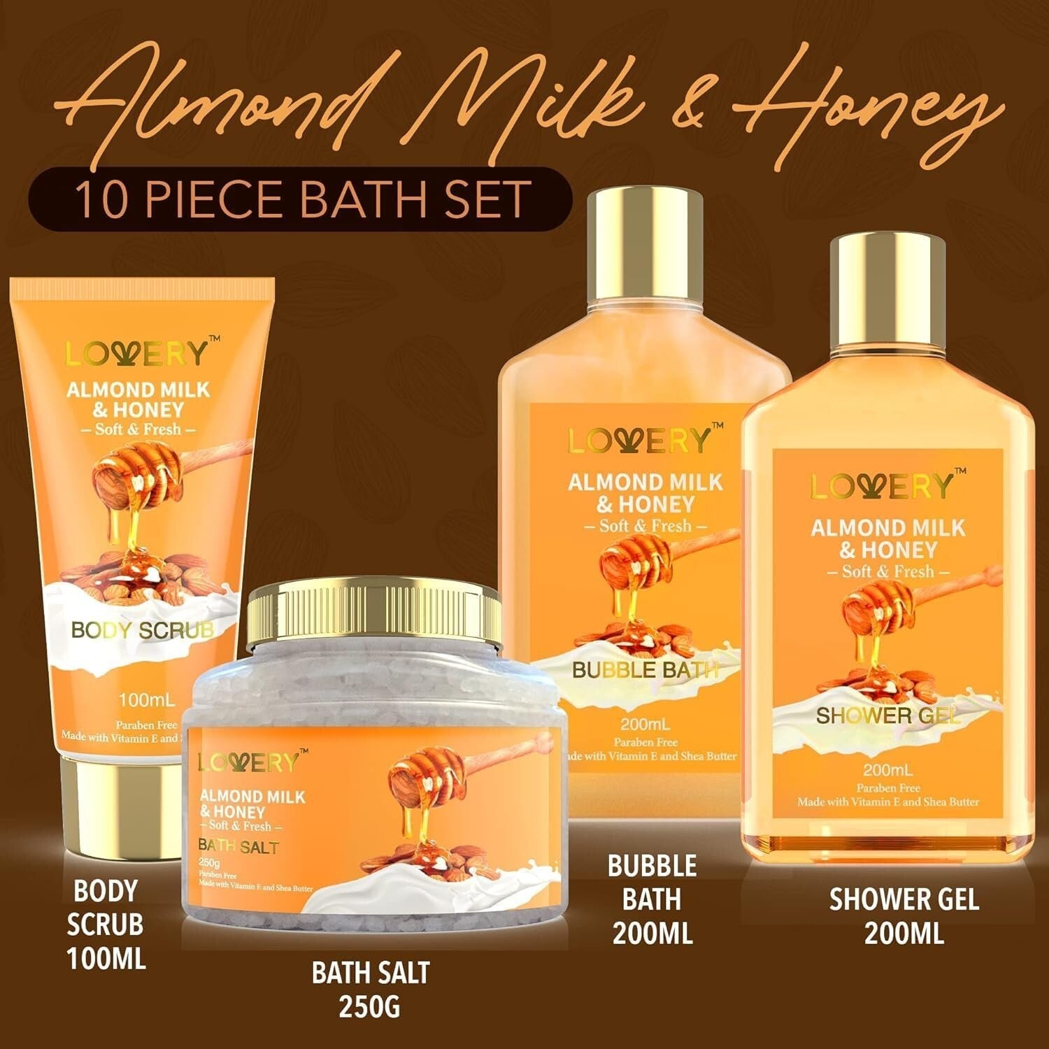 Elegant Spa Gift Set for Women - 10 Pc Almond Milk & Honey Pampering Essentials