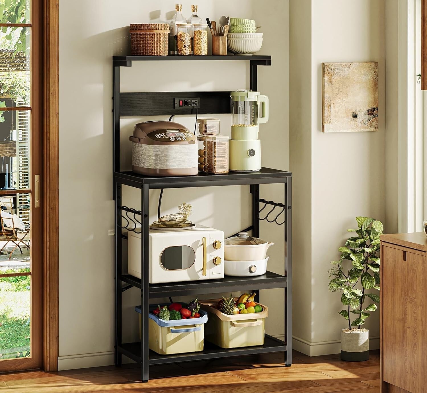 Functional Microwave Stand with Storage and Adjustable Shelves - Black Finish