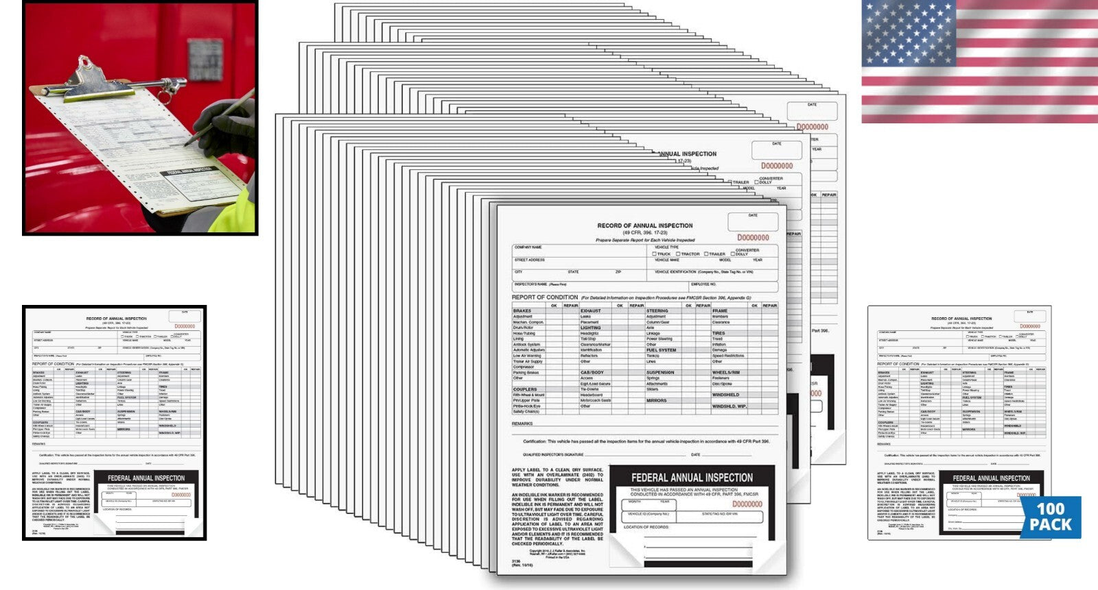 2-Ply Carbonless Annual Inspection Forms with Decals - 100 Count for Safety
