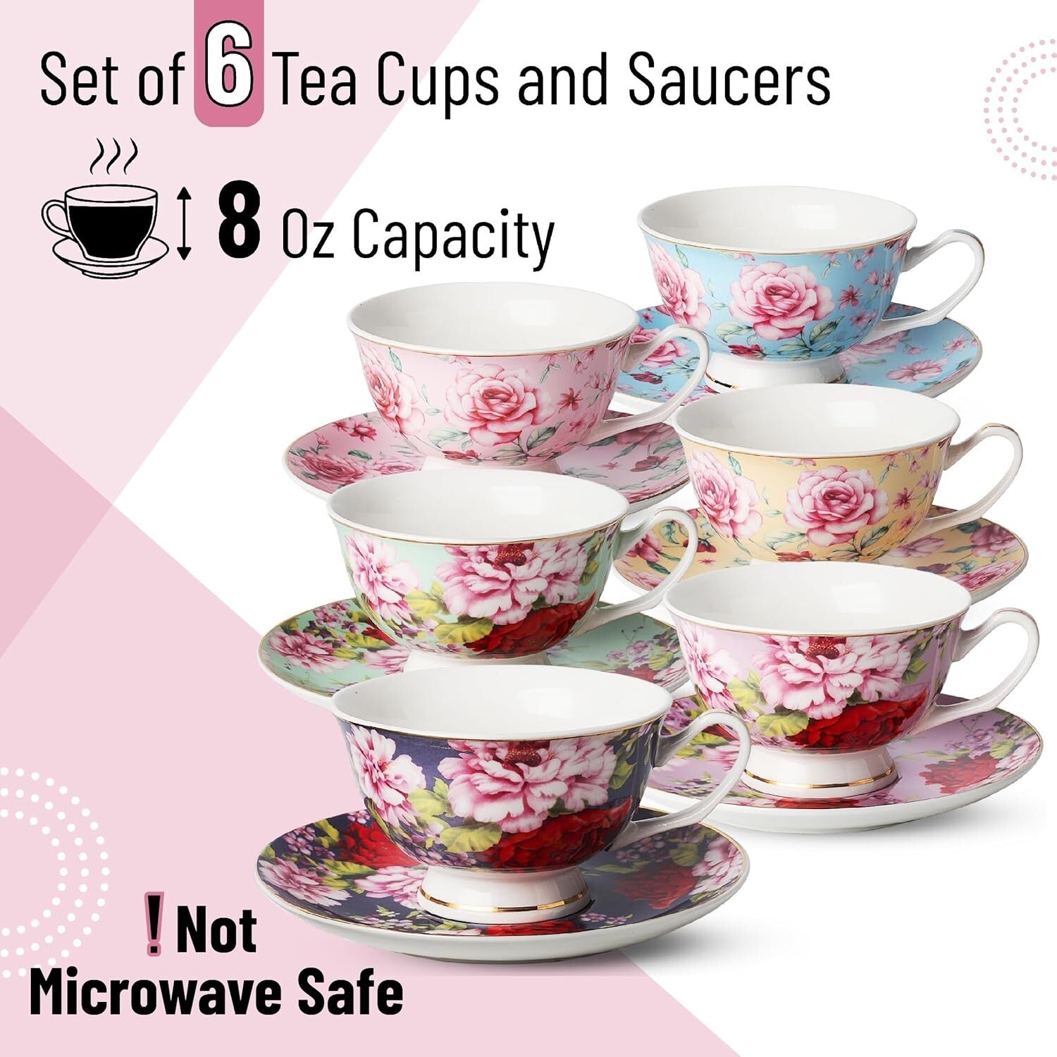 Assorted Floral Tea Cups and Saucers – 6 Piece Set with Elegant Gold Details