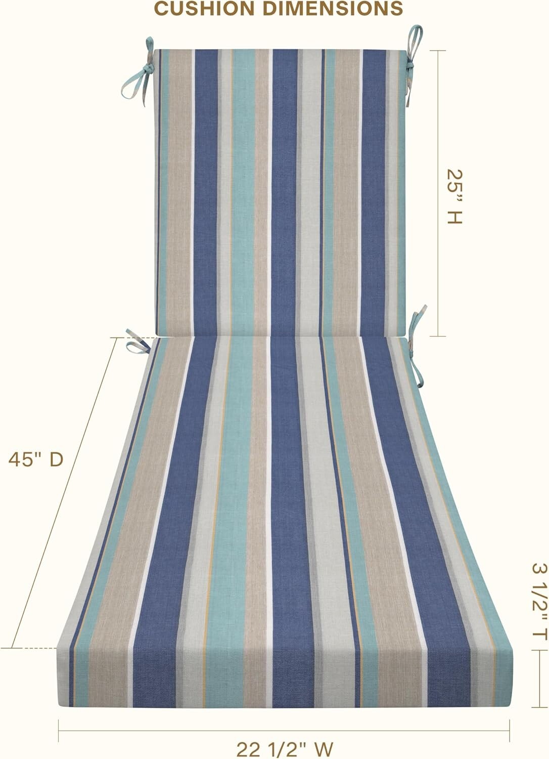 Durable Reversible Chaise Cushion for Outdoor Patios, Stripe Blue & Beige, 70"L