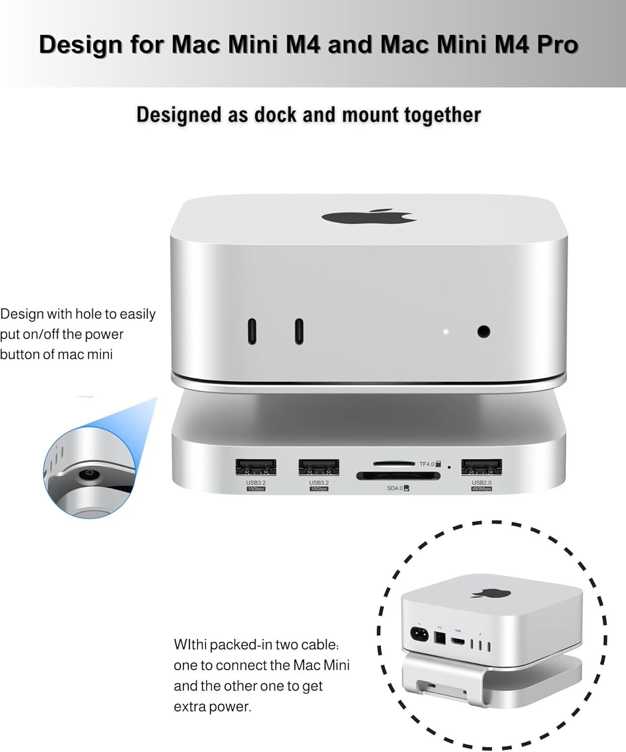 Premium Aluminum Dock for Mac Mini M4 - 8TB SSD Enclosure & USB 3.1 Connectivity