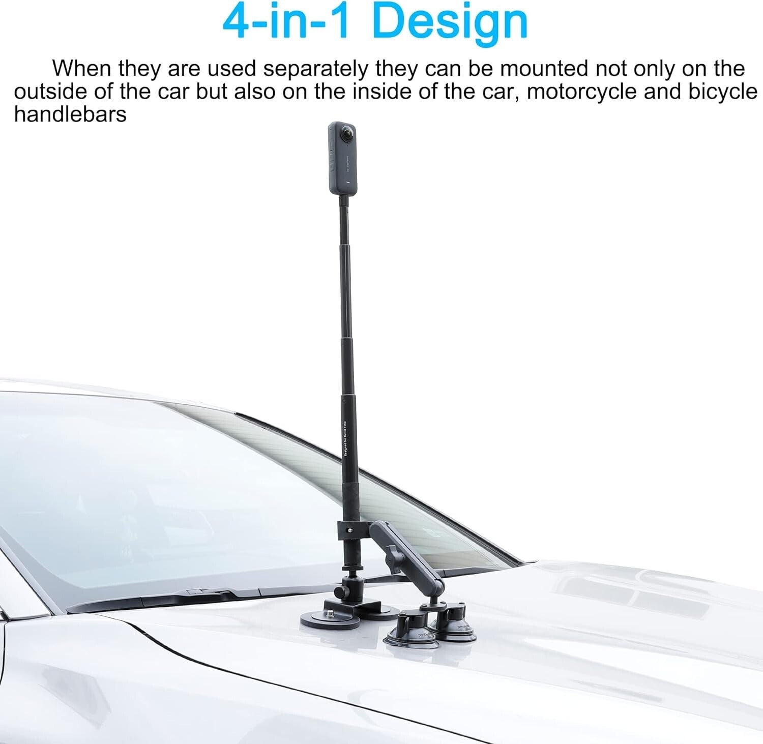 Heavy-Duty Insta360 Car Mount with 114cm Invisible Selfie Stick - 4-in-1 Design