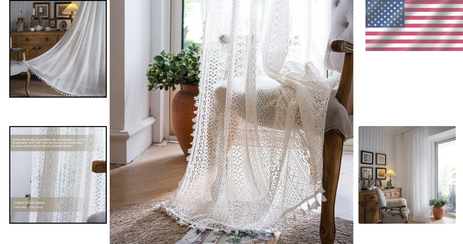 84 Inch Victorian Cotton Lace Curtains - Semi-Sheer Antique Drapes Set of 2