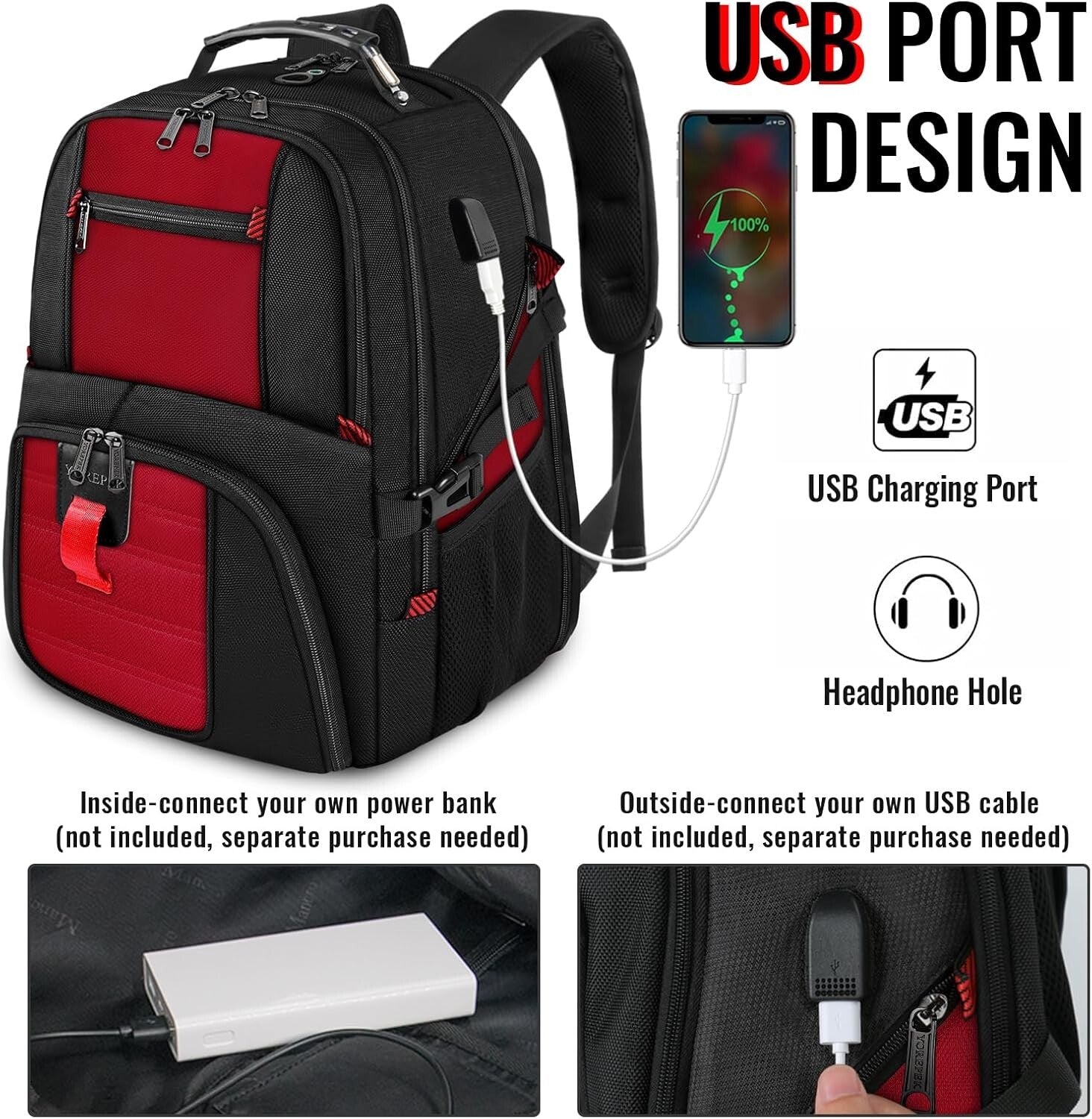 Extra Large 50L Water-Resistant Travel Laptop Backpack with USB Port, Bright Red