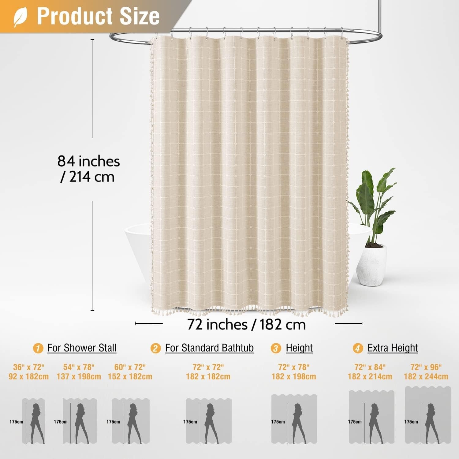 Luxurious 72x84 Inch Water-Repellent Linen Blend Shower Curtain with Tassels