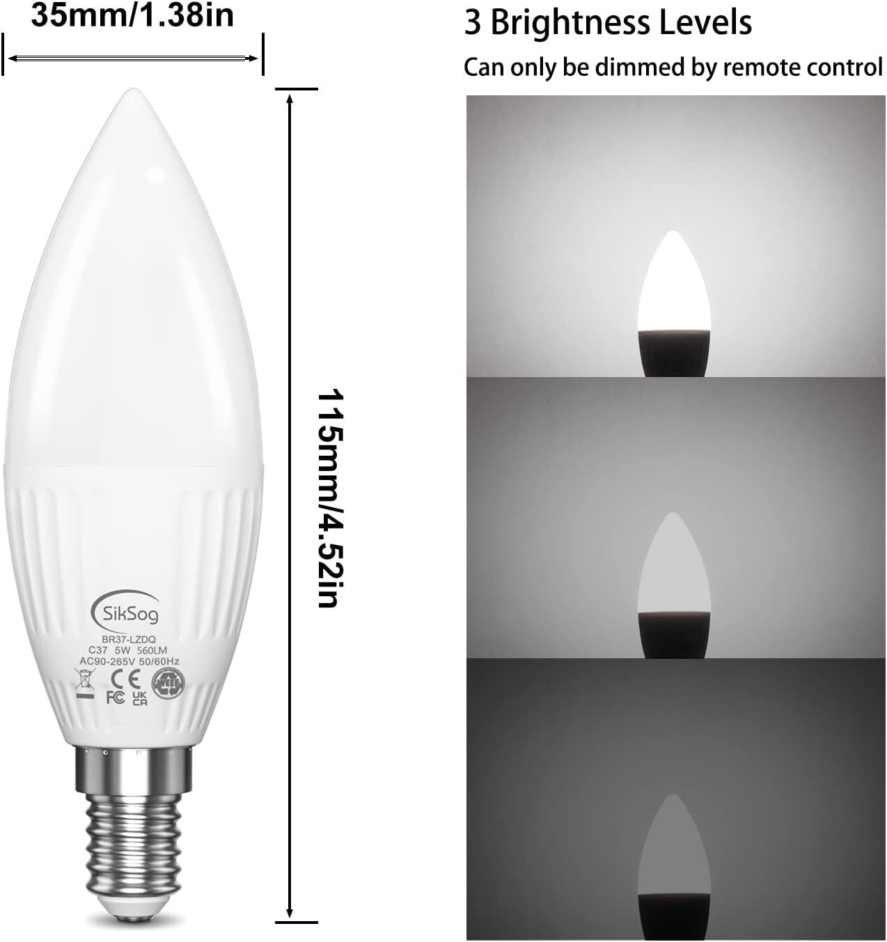 Dimmable E12 Candelabra LED Bulbs with Remote, 12 Pack - 5W, 5000K Brightness