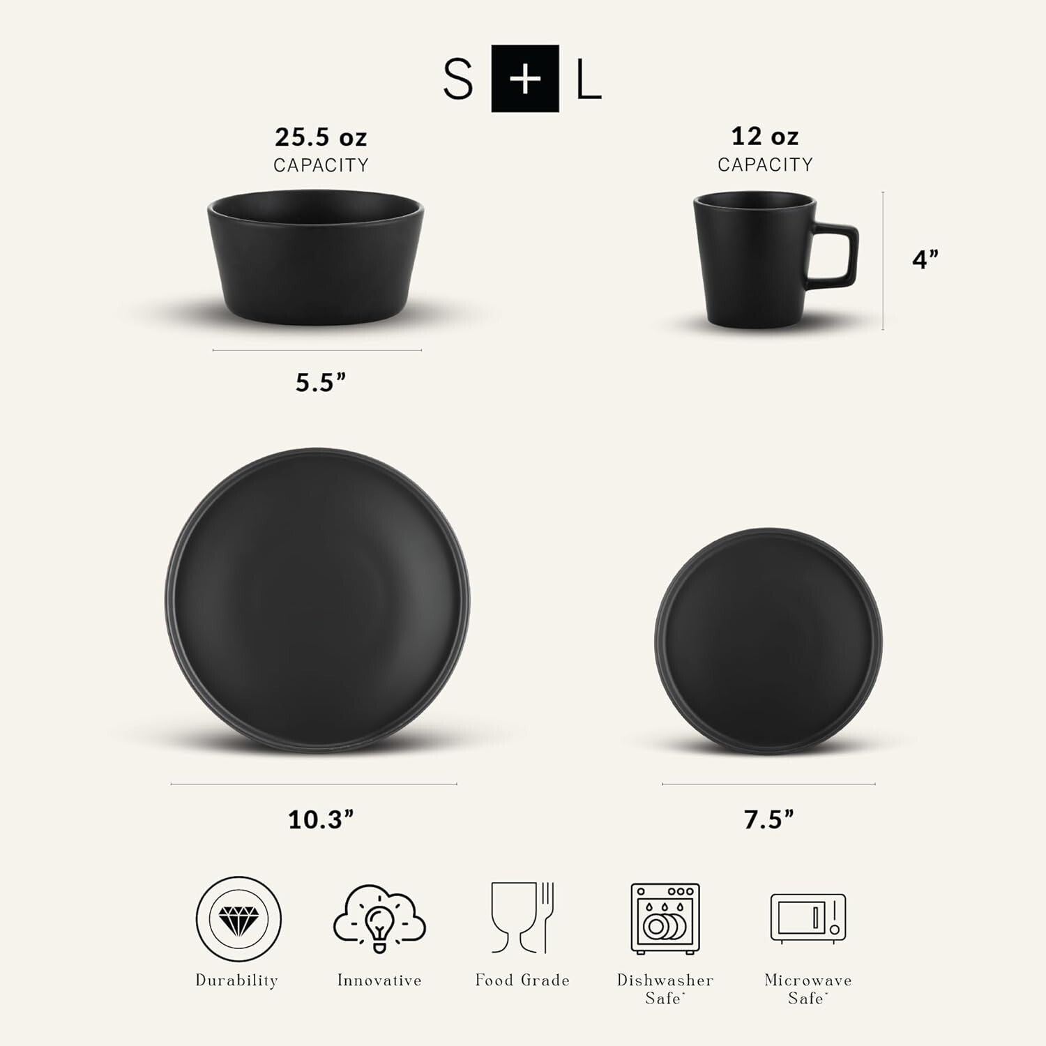 Chic 16-Piece Black Matte Dinnerware Set with Ergonomic Mugs - Durable Stoneware