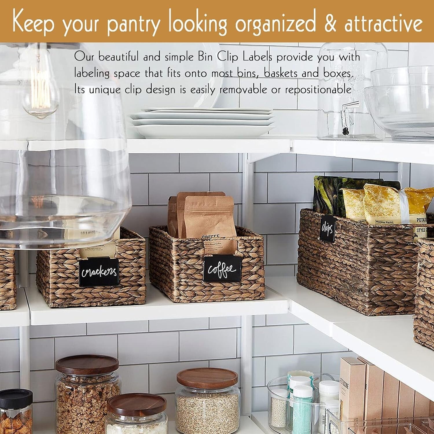 Chic 18 Metal Pantry Baskets with Removable Labels and 4 White Chalk Markers