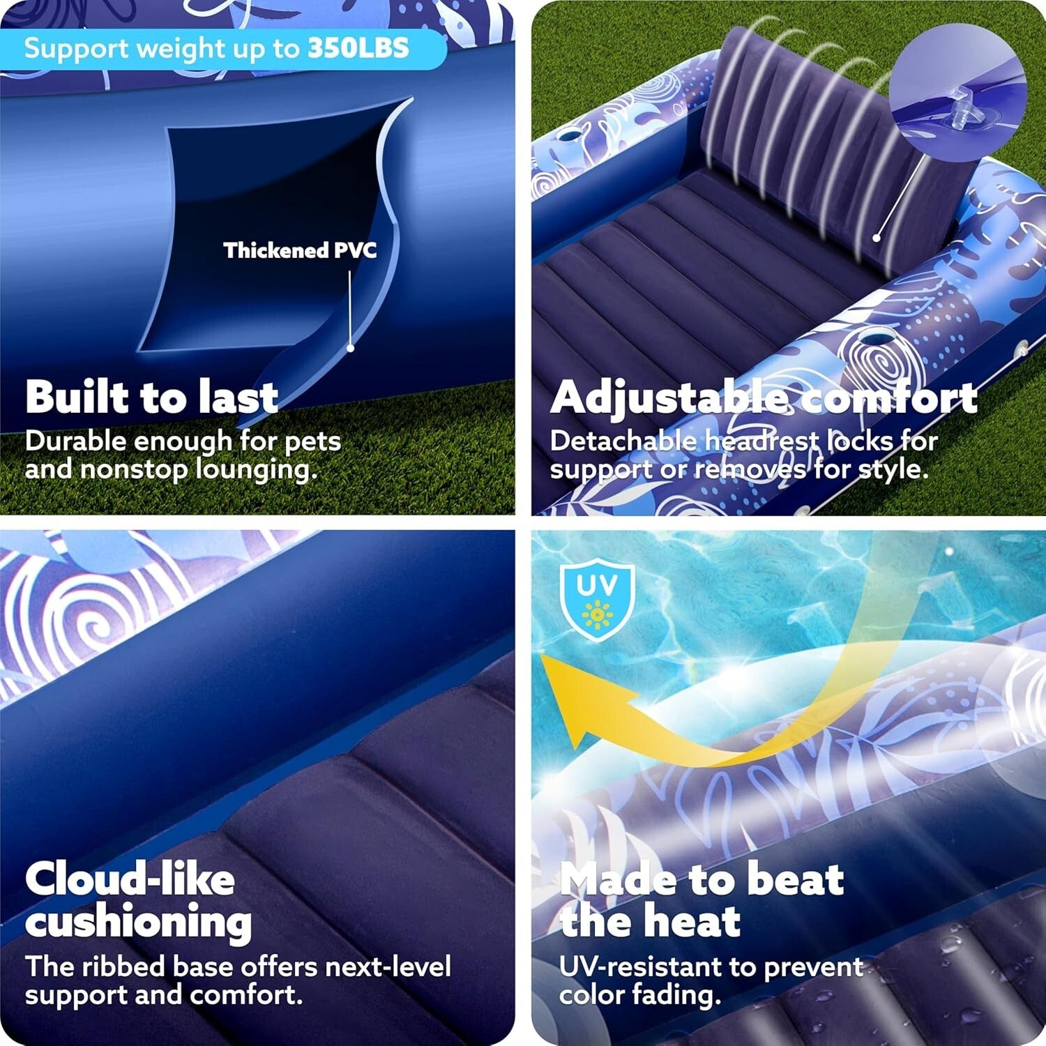 UV-Resistant Extra Large Inflatable Float with Detachable Headrest for Adults