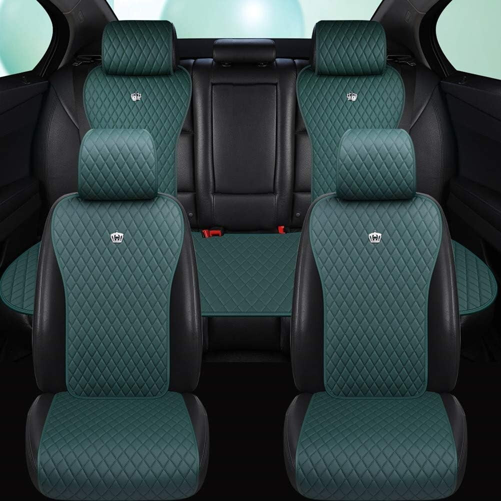 Durable 11-Piece Leather Car Seat Covers with Crown Design - A-Army Green
