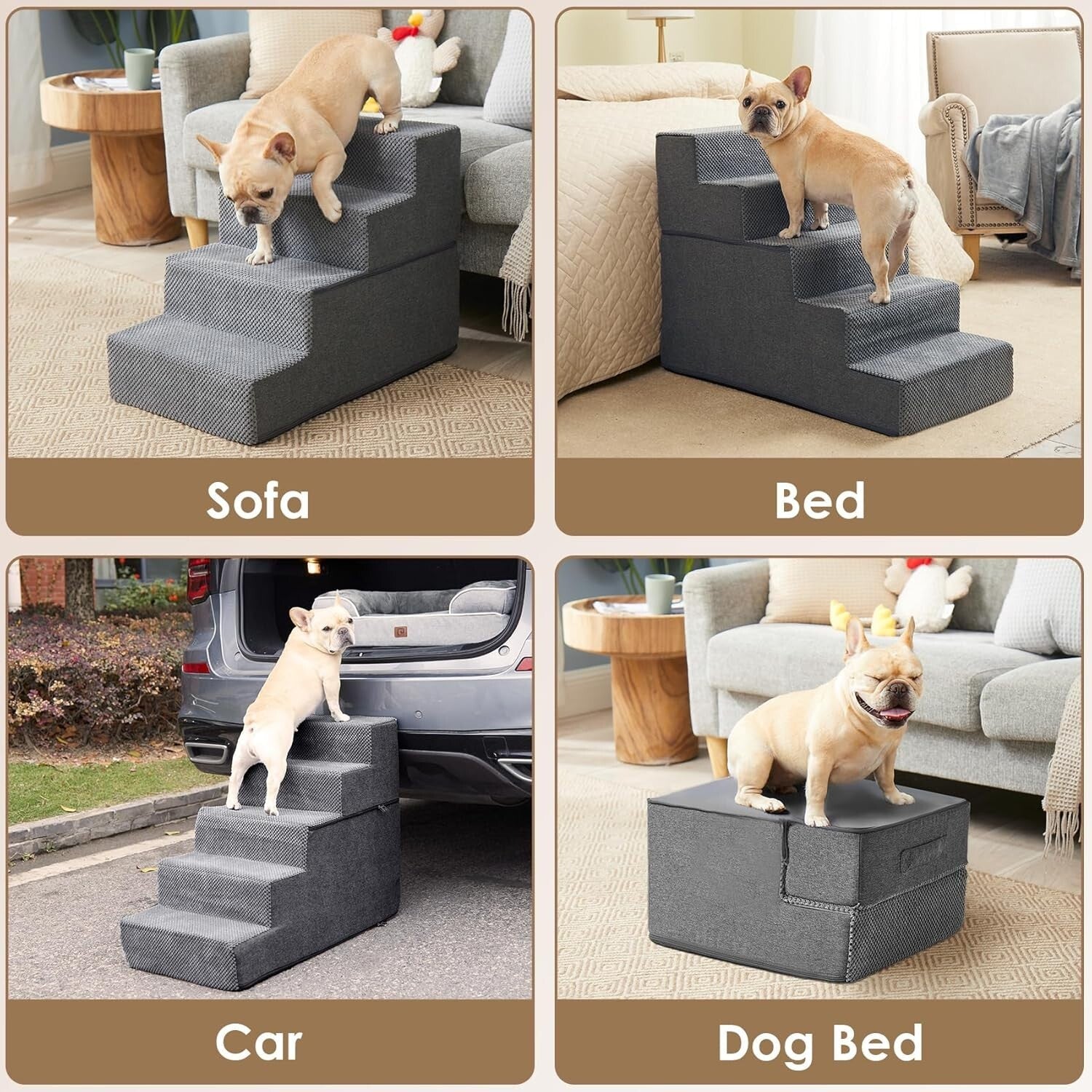 Foldable Dog Stairs Ramp for Small Pets - Non-Slip 3-Step Design in Grey