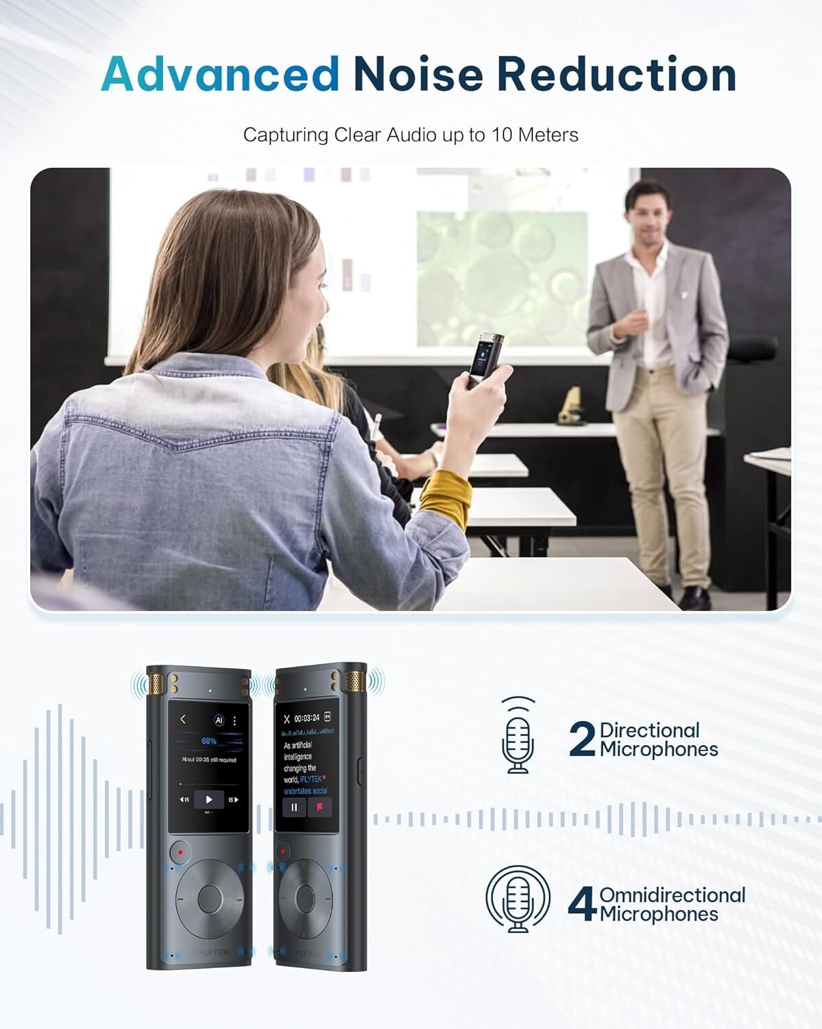 AI Voice Recorder with 5-Language Transcription & Noise Reduction - Compact Size